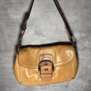 Coach Tan Shoulder Bag with Structured Design and Flap Closure